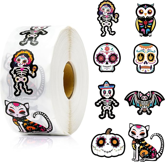 BeYumi 1000Pcs Day of The Dead Stickers Dia de Los Muertos Colorful Sugar Skull Skeleton Cat Stickers Waterproof Halloween Mexican Fiesta Stickers Decals for Laptop Water Bottle Kids Party Supplies - sugar skull vinyl sticker