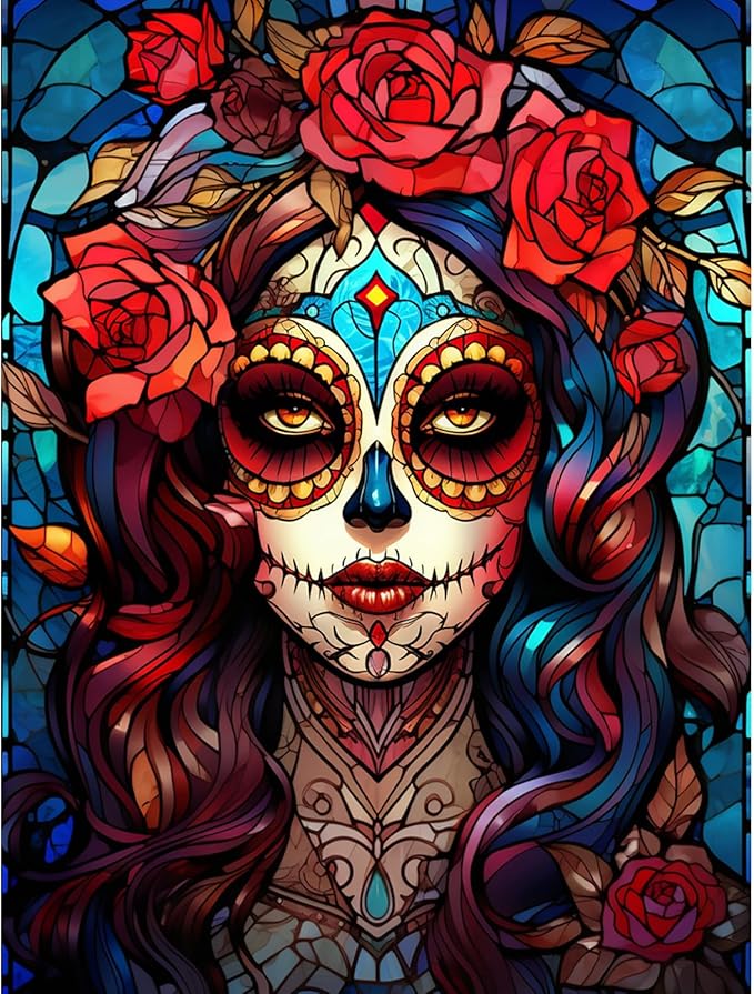Sugar Skull Girl Diamond Painting DIY 5D,Numbering Kit,Day of Death Artwork Red Rose Wall Art Healthy Breakfast Crystal Rhinestone Embroidery Pictures Home Decor Adults Mexico Gift(12''Wx 16''H) - sugar skull poster print