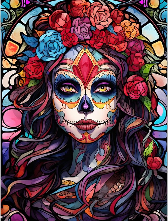 Sugar Skull Girl Diamond Painting DIY 5D, Numbering Kit,Red Rose Flowers Artwork/Pictures Mexico Day of The Dead Wall Art Crystal Rhinestone Embroidery Painting Home Decor Adults Gift(12''Wx 16''H) - sugar skull poster print