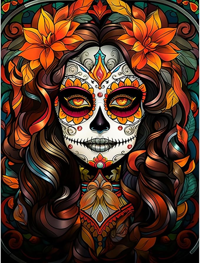 Santa Muerte Diamond Painting Sugar Skull Girl Artwork Fashion Halloween Makeup Wall Art 5D DIY Full Drill Crystal Pictures Autumn Floral Diamond Art for Adult Bedroom Home Decor(16''Wx 12''H) - sugar skull makeup kit