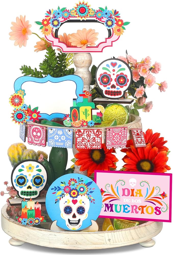 14 Pcs Day of The Dead Tiered Tray Decor Mexican Dia De Los Muertos Decorations Sugar Skull Wooden Table Signs Wreaths Wine Flowers Candles Centerpieces for Halloween Party Decor - sugar skull wreath for front door