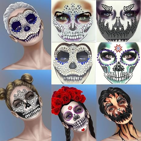 4 Sets Halloween Face jewels Glitters Sugar Skeleton Face Gems Jewels Festival Crystals Face Tattoos Stickers Eyes Face Body Day of the Dead Rhinestones Rave Face Gem Stick on Halloween Party Makeup - sugar skull makeup kit