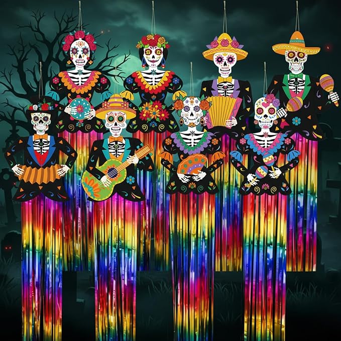 Kigley 8 Pcs Day of The Dead Sugar Skull Hanging Decorations Large Skeleton Dia De Los Muertos Party Decorations Sugar Skull Decor with Tassels Ropes for Halloween Party Outdoor Home 39.4 x 8.7 in - sugar skull christmas ornament