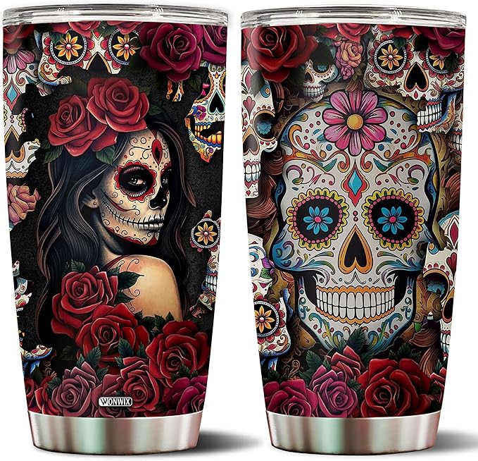 Sugar Skull Gifts for Women Insulated 20oz Stainless Steel Coffee Cup Travel Mug Water Bottle Tumbler With Lid Thermos Tattoo Girls Wife Daughter Mom - sugar skull temporary tattoo