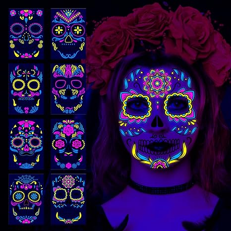 Halloween Temporary Tattoos Day of the Dead Stickers for Women Men Face Decoration Glow In The Dark Tattoo UV Neon For Halloween Party Makeup 8 Large Sheets Tattoo Decals - sugar skull temporary tattoo