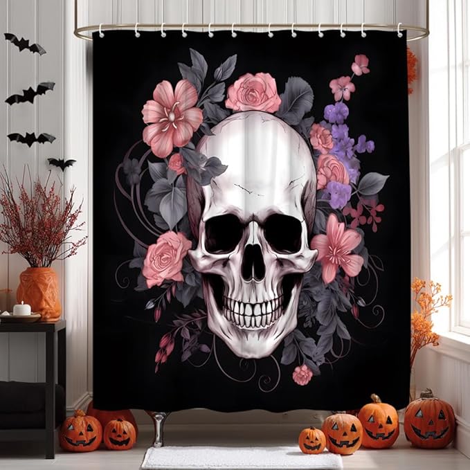 Gothic Skull Floral Shower Curtain Sugar Rose Flowers Leaves Vintage Wildflowers Halloween Theme Scary Bathroom Decor Fabric Curtains with Hook 70Wx70H Inches - sugar skull shower curtain set