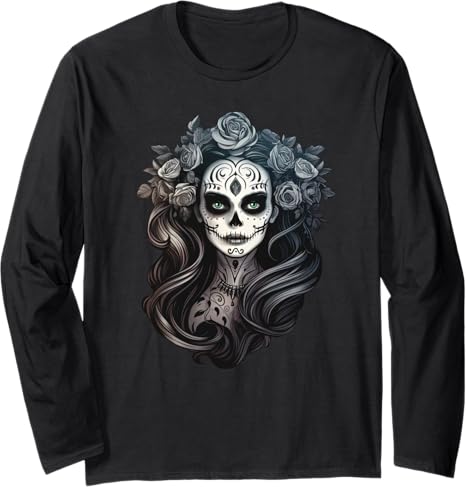 Striking Latin Female Beauty Graphic Skull Tees - sugar skull face mask