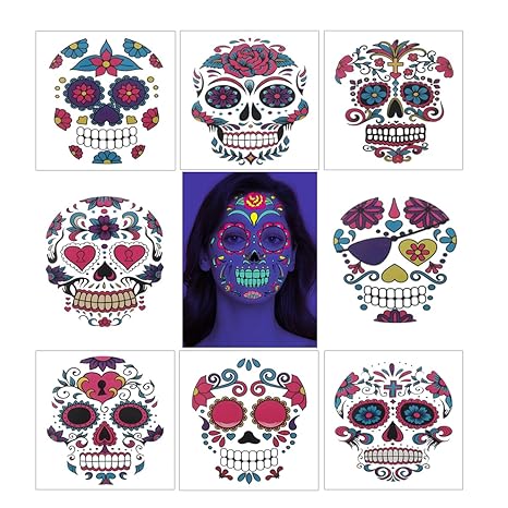 Day of the Dead Face Tattoos,Sugar Skull Sticker Floral Day Full Face Stickers Glow in The Dark for Halloween Temporary Face Makeup for Men Women Kids Party Favor Supplies (8Pcs) - sugar skull temporary tattoo