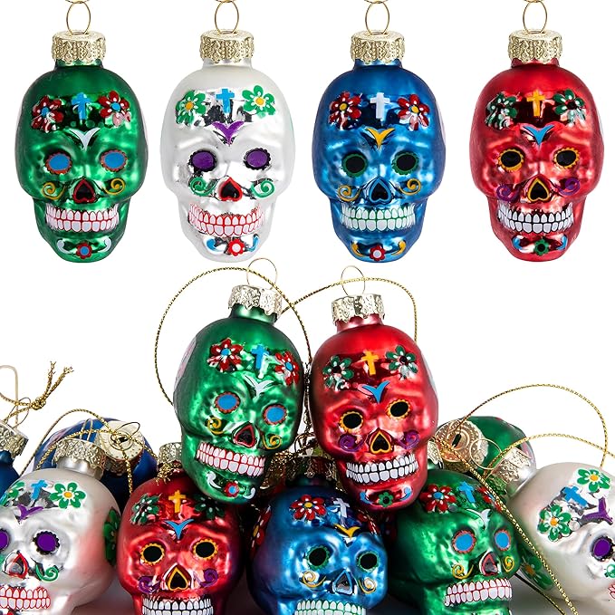 12pcs Day of The Dead Glass Ornaments - Dia De Los Muertos Sugar Skull Ornaments - Halloween Hanging Skeleton Head Ornament for Christmas Tree Hanging Decorations - sugar skull christmas ornament