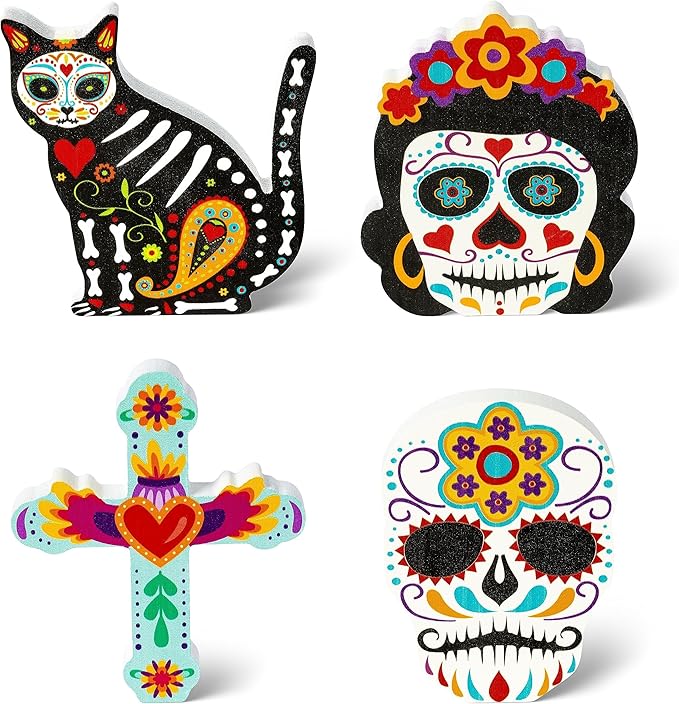 CNhoqc Sugar Skull Centerpieces - 4Pcs Day of the Dead Wooden Cat Skull Skeleton Cross Centerpieces, Mexican Día De Los Muertos Table Topper Signs, Wooden Decors for Desk Festival Party Favor Supplies - sugar skull christmas ornament
