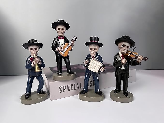JORAE Skeletons Statue Mariachi Band Skull Halloween Figurines Home Decorative Set of 4 Day of The Dead Collectible Folk Musician Players, 5.5In - sugar skull figurine collectible