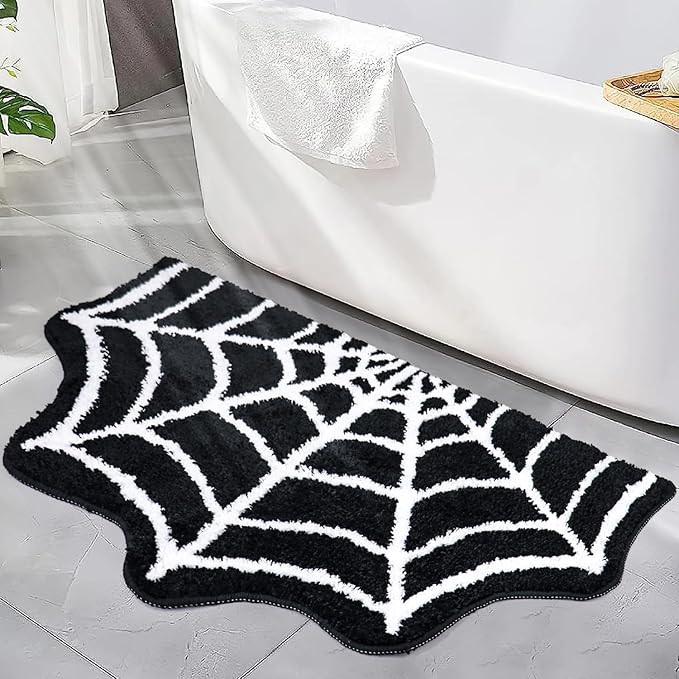 Meetory Spider Web Bath Mat, 31×20" Halloween Bath Mat Non-Slip Rugs Spiderweb Rug Machine Washable Goth Area Rugs Gothic Rug for Front Door, Bedroom, Living Home (Black) - sugar skull toilet mat set