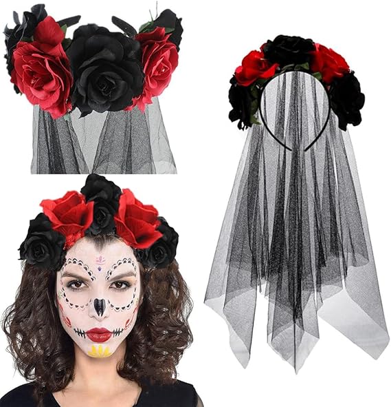 Halloween Headband Ladies Girls Day Of The Dead Red Rose Flowers Headdress Floral Hair Band Party Cosplay Hair Accessories Costume Women Black Red Rose Flower Crown - sugar skull flower crown