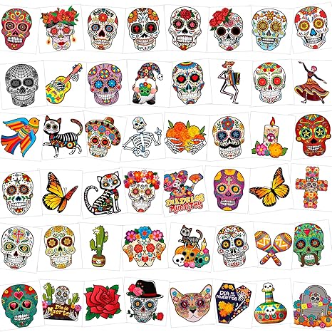 HOWAF 96pcs Day of the Dead Face Tattoos, Dia De Los Muertos Costume Skuall Temporary Tattoos, Day of the Dead Floral Skull Tattoos Stickers for Halloween Mexican Fiesta Party Decoration - sugar skull flower crown