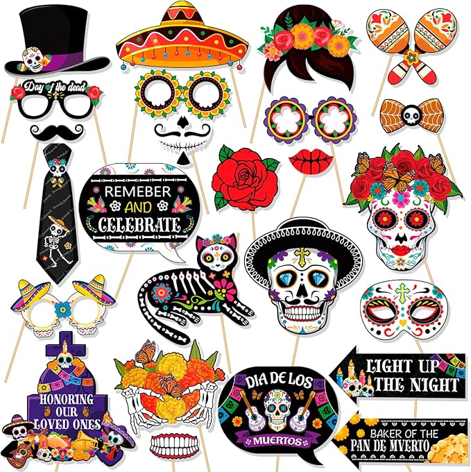 HOWAF Day of The Dead Photo Booth Props,Dia De Los Muertos Sugar Skull Photo Booth Props Kit for Halloween Mexican Fiesta Decoration,Day of The Dead Paper Cutouts - sugar skull wine glass