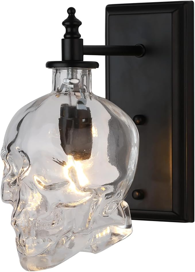 Industrial Retro Mini Clear Glass Skull Wall Sconces Black Metal Finish with Clear Glass Wall Lamp for Bedside E14 Wall Light - sugar skull table lamp