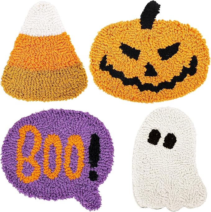 Whaline 4Pcs Halloween Tufted Coaster Pumpkin Ghost Candy Corn Boo Drink Coaster Halloween Tufted Cup Mat Pad for Drinks Car Kitchen Desk Home Accessories Halloween Decor - sugar skull coasters set