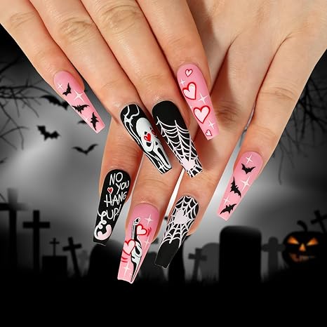 24PCS Halloween Press on Nails Black Gothic Medium Pointed Nails False Nails with Designs Sugar Skull and Snake Almond Shaped Halloween Press on Nails Glossy Glue on Nails Artificial Nails for Women - sugar skull nail art