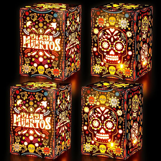 Erweicet Day of The Dead Decorations 24pcs Sugar Skull Paper Candles Holders Boxes with 24 Flameless LED Tea Lights Candles Dia De Muertos Decorations Supplies (TD-LB) - sugar skull candle holder