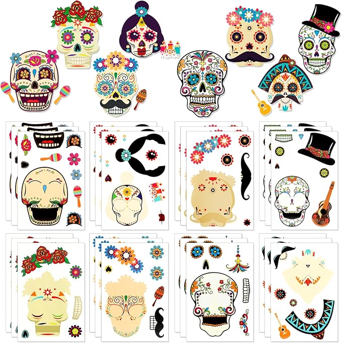 HOWAF Day of The Dead DIY Stickers, 24 Sheets Halloween Sugar Skull Crafts Gift Dia De Los Muertos Party Games Supplies Make Your Own Skull Stickers for Kids - sugar skull nail art