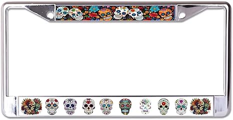 Sugar Skulls Chrome License Plate Frame - sugar skull plates set