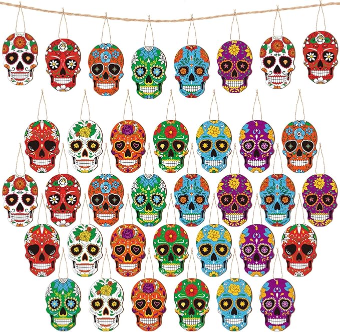Hoteam 36 Pcs Day of The Dead Wooden Ornaments Dia De Los Muertos Sugar Skull Ornaments Halloween Hanging Skeleton Head Decorations for Holiday Party Christmas Tree Decoration - sugar skull christmas ornament