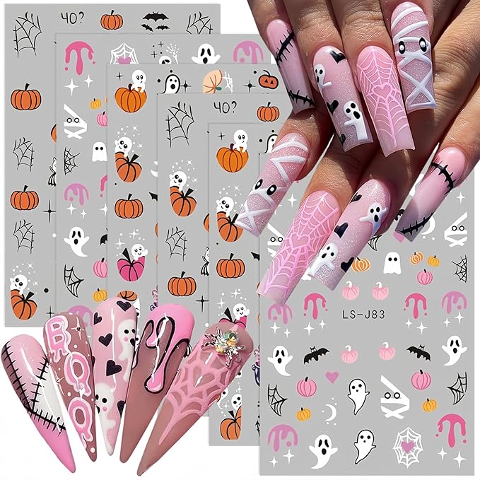 Halloween Nail Art Stickers Ghost Nail Decals 3D Horror Ghost Skull Spider Web Bat Pumpkin Self-Adhesive Decals Designs Halloween Nail Supplies for Women Manicure Holiday Decorations Charms 6 Sheets - sugar skull nail art