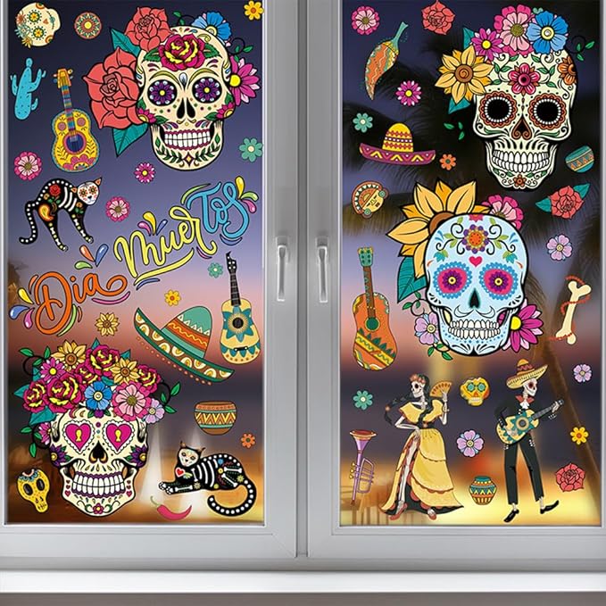 Day of The Dead Window Clings Decals Sugar Skull Flower Guitar Halloween dia de los muertos Party Double-Side Window Stickers Decoration for Halloween Party Supplies Haunted House Home Glass, 9 Sheets - sugar skull vinyl sticker