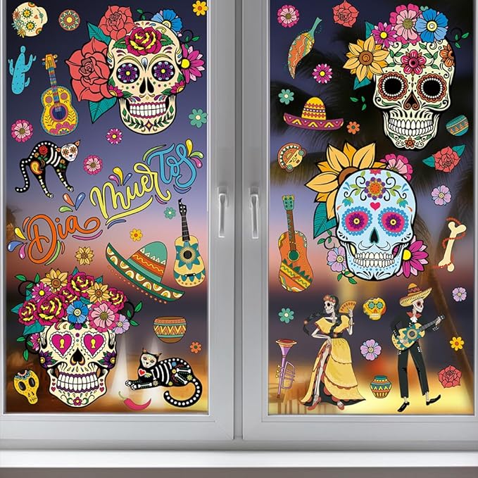 Day of The Dead Window Clings Sugar Skulls Window Stickers Halloween Window Decals Window Glass Clings Wall Art Decorations Mexican Fiesta Party Home Living Room Office Window Clings Decor 9 Pcs - sugar skull vinyl sticker