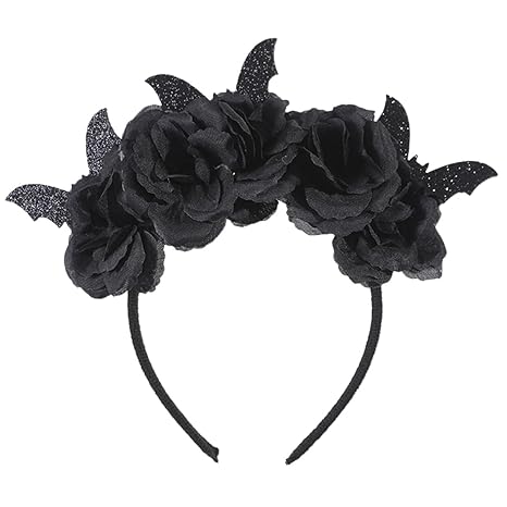 Halloween Bat Rose Headband Glitter Wing Headpiece Black Ears Flower Hair Hoop Women Floral Headbands Girls Hairband Party Favors for Costume Funny Cosplay Props Decorations - sugar skull flower crown