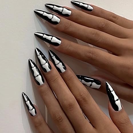 Halloween Long Almond Press-on Nails - Black Full Cover White Skeleton Design, Glossy Artificial Acrylic for Women Girls - 24 Pcs - sugar skull nail art