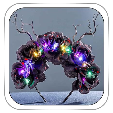 Light Up Halloween Headband Rose Flower Crown Headbands Glowing Black Antler Headpieces Halloween Cosplay Hair Accessories for Women - sugar skull flower crown