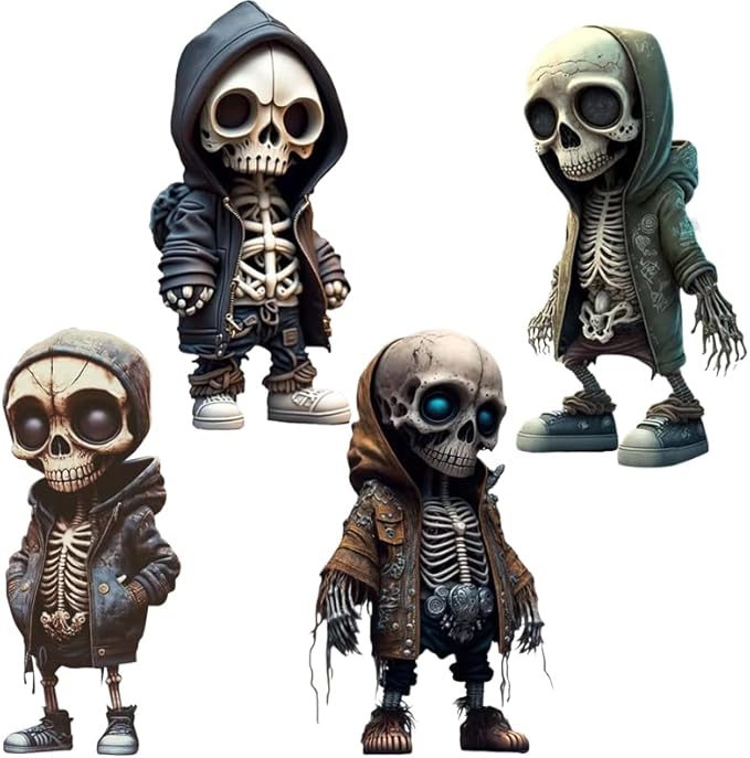 4pcs Cool Skeleton Figurines Unique Skull Decor Halloween Resin Dwarf Ornaments Skeleton Gnome Statue for Home Desk (4 Pcs) - sugar skull figurine collectible