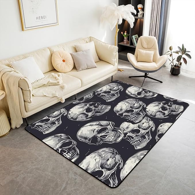 Sugar Skull Rugs for Living Room Bedroom Kids Gothic Skeleton Area Rug Halloween Themed Decorative Carpet Set for Women Men Bones Black Indoor Floor Mat - sugar skull area rug