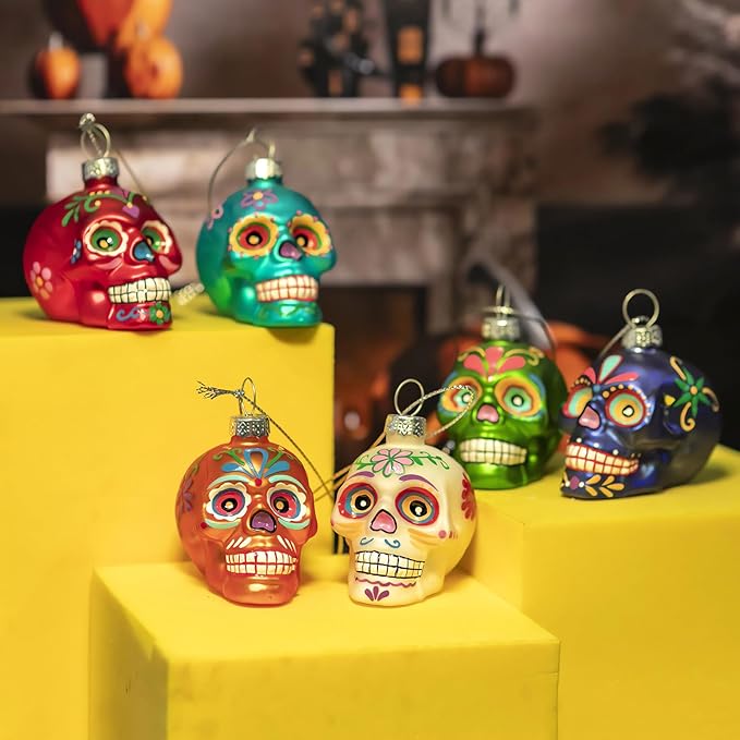 Glass Sugar Skull Ornaments for Halloween & Day of The Dead Decorations - 6pc Hand Painted Blown Glass Ornaments for Christmas Tree - sugar skull christmas ornament