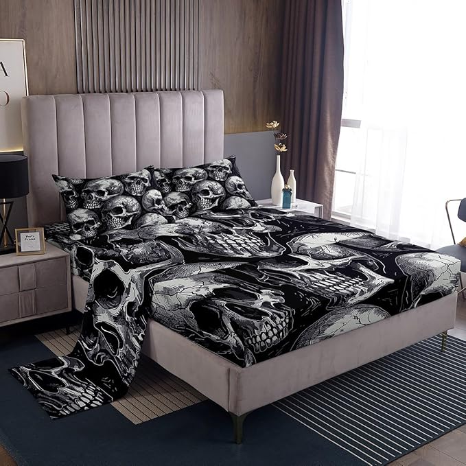 Sugar Skull Bed Sheets Set Kids Gothic Skeleton Sheet Set Halloween Themed Sheets with Deep Pocket Fitted Sheet for Women Men Room Decor Lightweight Bones Black Bedding Set With 2 Pillow Cases - sugar skull bedding set