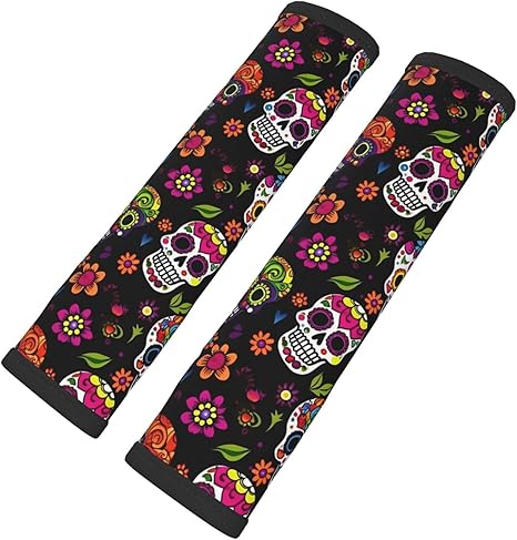 Sugar Skulls Flowers Seat Belt Cover Fits Cars Trucks SUV Sedans Sweat Absorption Car Seatbelt Strap Cover, Auto Interior Accessories Protecto - sugar skull car seat covers set