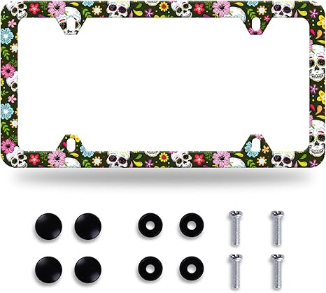 Sugar Skull License Plate Frame Skull and Flowers License Plate Stainless Steel Auto Parts Funny License Plate Decorative with Screws Size 12.3" x 6.3" for Women Men - sugar skull plates set