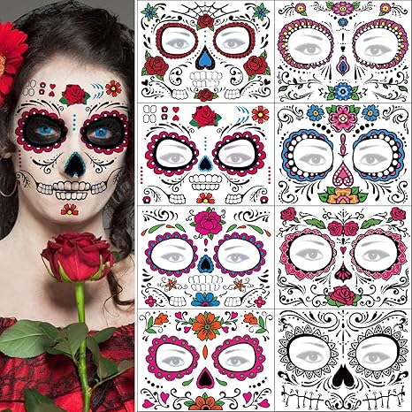 Day of the Dead Face Tattoos - 8 Sheets Halloween Temporary Tattoo Face Stickers Kit Día de Los Muertos Glitter Red Roses Skeleton Sugar Skull Fake Tattoo for Halloween - sugar skull temporary tattoo