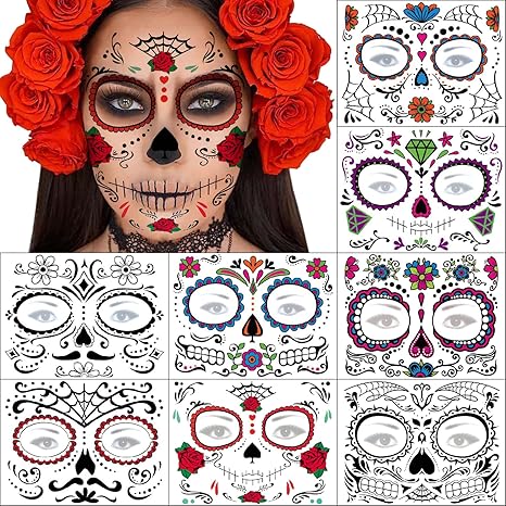 Day of the Dead Face Tattoos - 8 Sheets Halloween Temporary Tattoos Face Stickers Kit Día de Los Muertos Glitter Red Roses Skeleton Sugar Skull Fake Tattoo for Halloween Makeup on Face Body - sugar skull temporary tattoo
