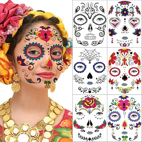 Day of The Dead Temporary Face Tattoos,6 Sheets Halloween Sugar Skull Stickers for Women Men Adults Black Skeleton Glitter Mexican Halloween Masquerade and Parties Decor Supplies - sugar skull temporary tattoo