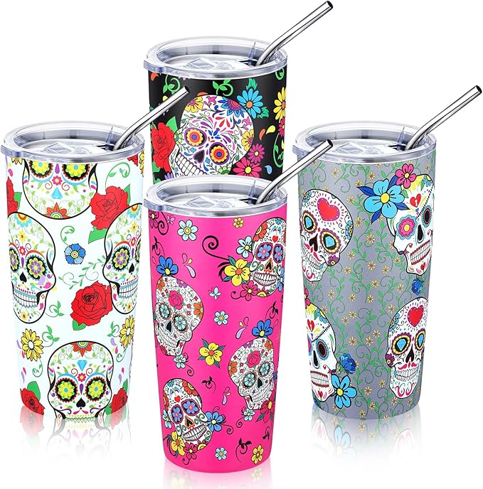 Sliner 4 Pcs Sugar Skull Tumblers with Lids and Straws 20 oz Stainless Steel Coffee Cups Vacuum Insulated Skull Mugs for Travel and Day of The Dead Gifts - sugar skull beach towel