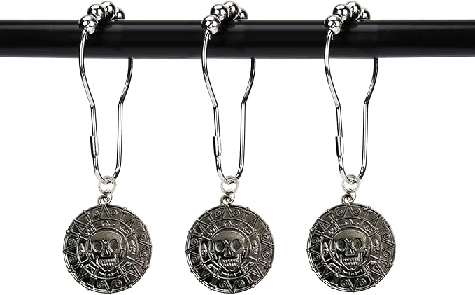 Set of 12 Skull Shower Curtain Hooks, Caribbean Pirates Theme Decor, Halloween Party Supplies Haunted House Decoration, Stainless Steel Rustproof (Black) - sugar skull shower curtain set