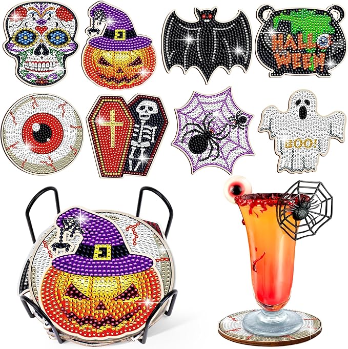 BSRESIN 8 Pcs Halloween Diamond Coasters Skull Crafts for Adults, Coasters Diamond Art Accessories - sugar skull coasters set