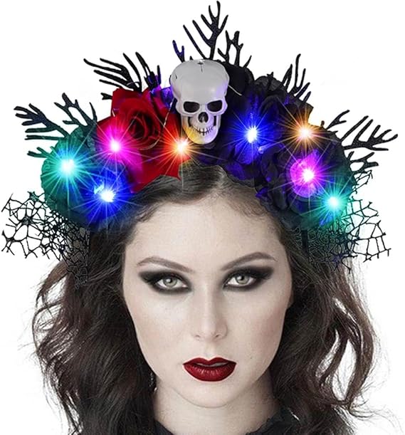 Catery Day of the Dead Headpiece Halloween Light Up Headbands Black Floral Gothic Crown Hair Accessories for Women - sugar skull flower crown