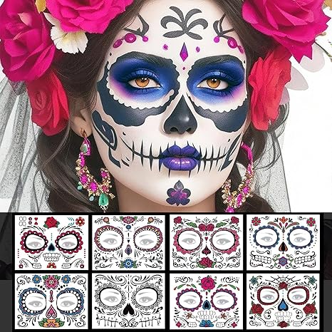 Day of the Dead Face Tattoos - 8 Pack Halloween Temporary Face Tattoos Sugar Skull Face Tattoo for Adult Kids - sugar skull temporary tattoo