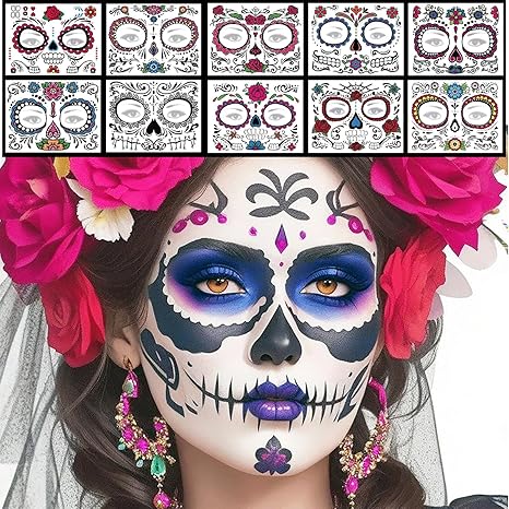 Day of the Dead Face Tattoos 10 Pack Halloween Temporary Face Tattoos Sugar Skull Face Tattoo for Adult Kids Halloween Party - sugar skull temporary tattoo