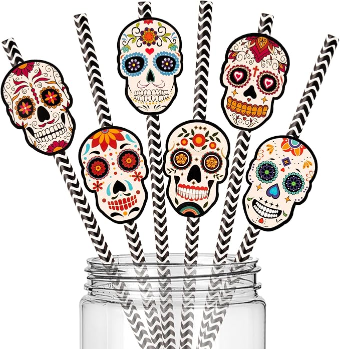 Konsait Day of the Dead Paper Straws, 24Pcs Halloween Paper Straws Sugar Skull Straws, Day of the Dead Party Supplies, Day of the Dead Party Favors, Halloween Disposable Paper Drinking Straws - sugar skull coffee cup