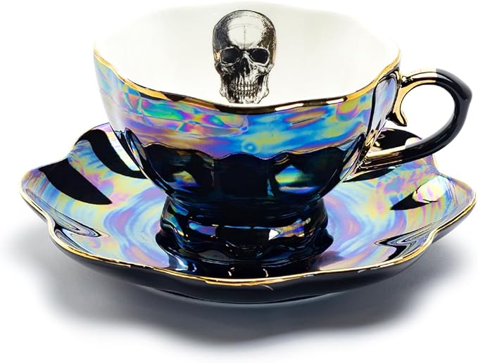 Grace Teaware Skull Black Gold Luster Tea Cup and Saucer with Gold Trim - sugar skull coffee cup
