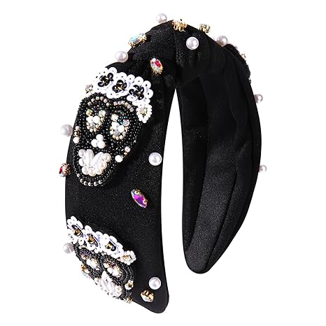 boderier Halloween Headbands for Women Beaded Skull Ghost Knotted Headband Pearl Crystal Embellished Wide Headband Party Hair Accessories Day of the Dead - sugar skull flower crown